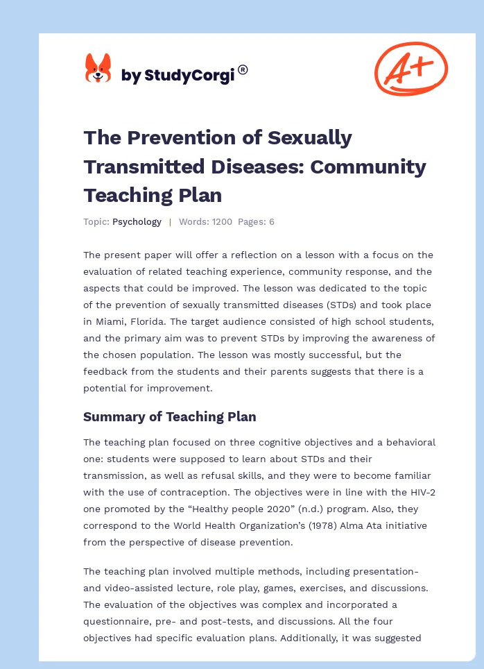 The Prevention of Sexually Transmitted Diseases: Community Teaching Plan. Page 1