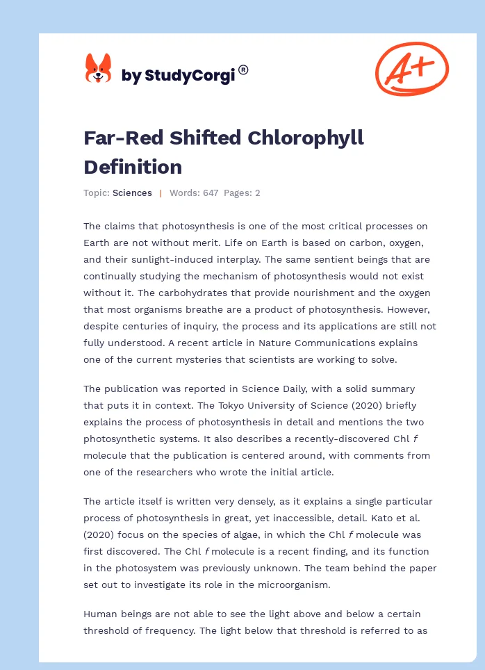 Far-Red Shifted Chlorophyll Definition. Page 1