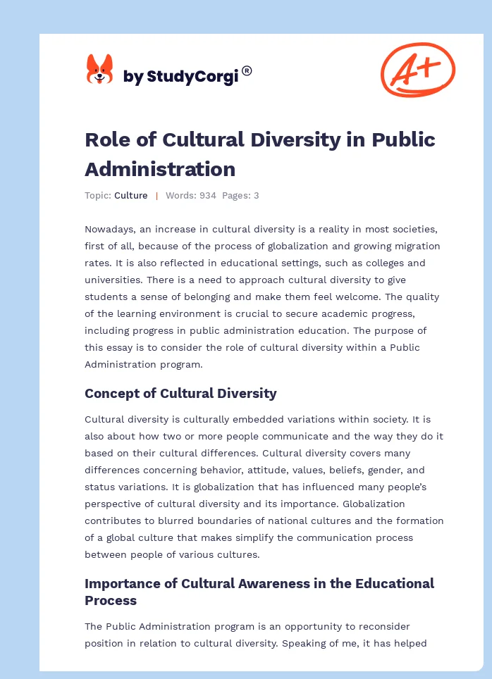Role of Cultural Diversity in Public Administration. Page 1