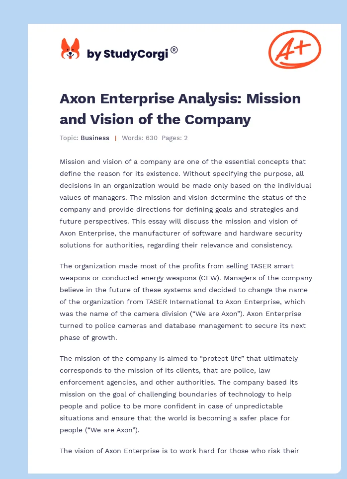 Axon Enterprise Analysis: Mission and Vision of the Company. Page 1