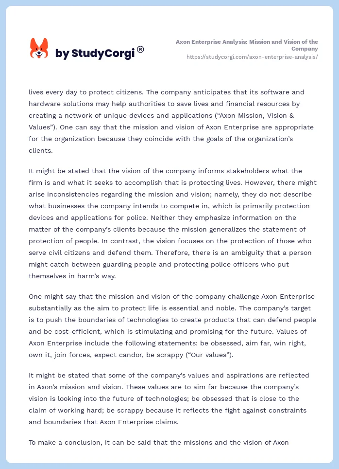 Axon Enterprise Analysis: Mission and Vision of the Company. Page 2