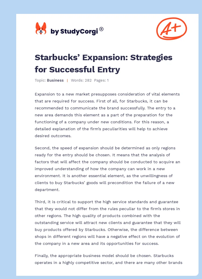 Starbucks’ Expansion: Strategies for Successful Entry. Page 1