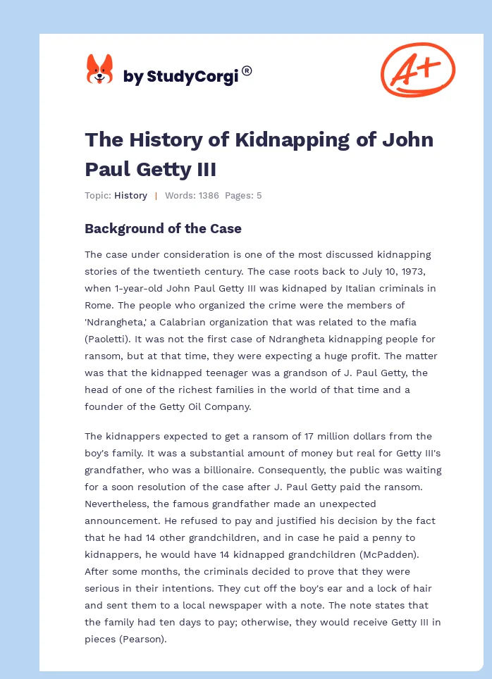 The History of Kidnapping of John Paul Getty III. Page 1