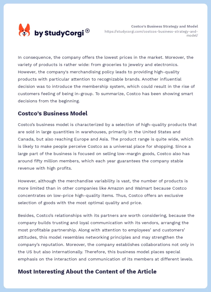 Costco’s Business Strategy and Model. Page 2