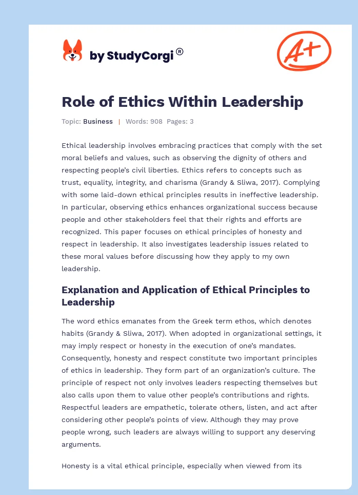 Role of Ethics Within Leadership. Page 1
