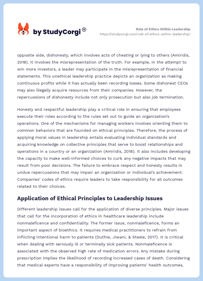 Role of Ethics Within Leadership. Page 2