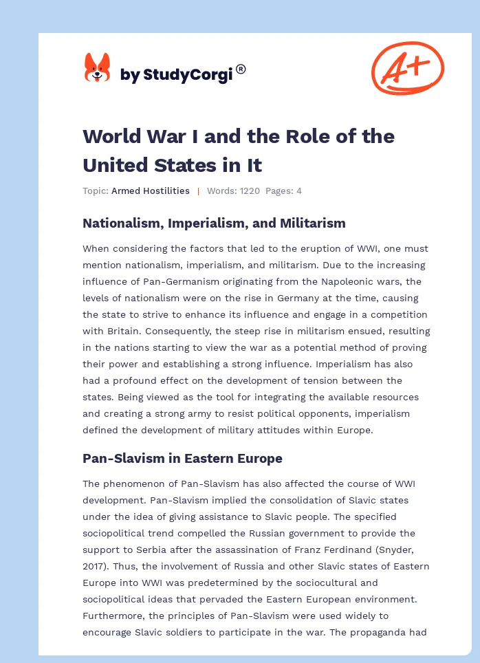 World War I and the Role of the United States in It. Page 1