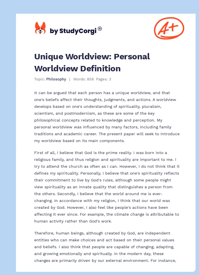 Unique Worldview: Personal Worldview Definition. Page 1