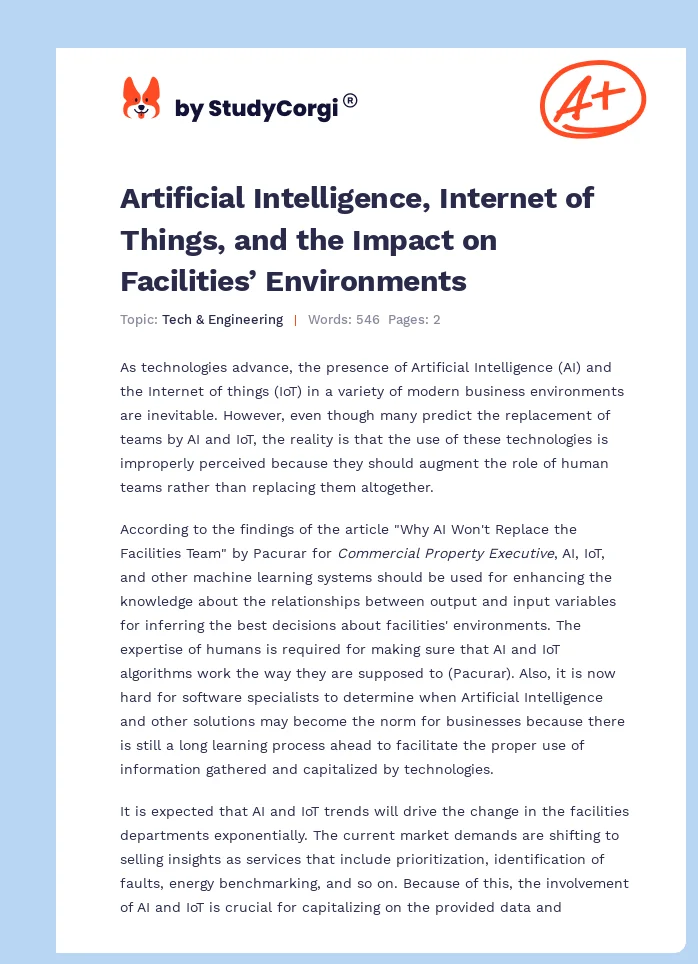 Artificial Intelligence, Internet of Things, and the Impact on Facilities’ Environments. Page 1