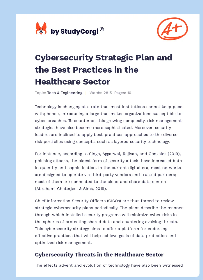Cybersecurity Strategic Plan and the Best Practices in the Healthcare Sector. Page 1