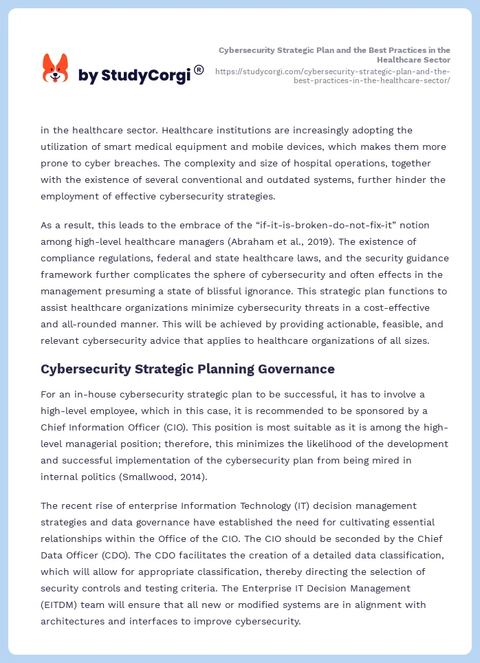 Cybersecurity Strategic Plan and the Best Practices in the Healthcare Sector. Page 2