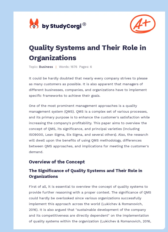 Quality Systems and Their Role in Organizations. Page 1