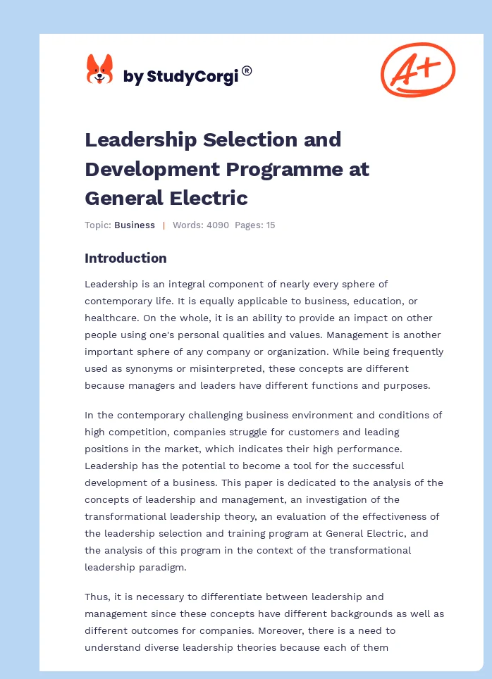 Leadership Selection and Development Programme at General Electric. Page 1