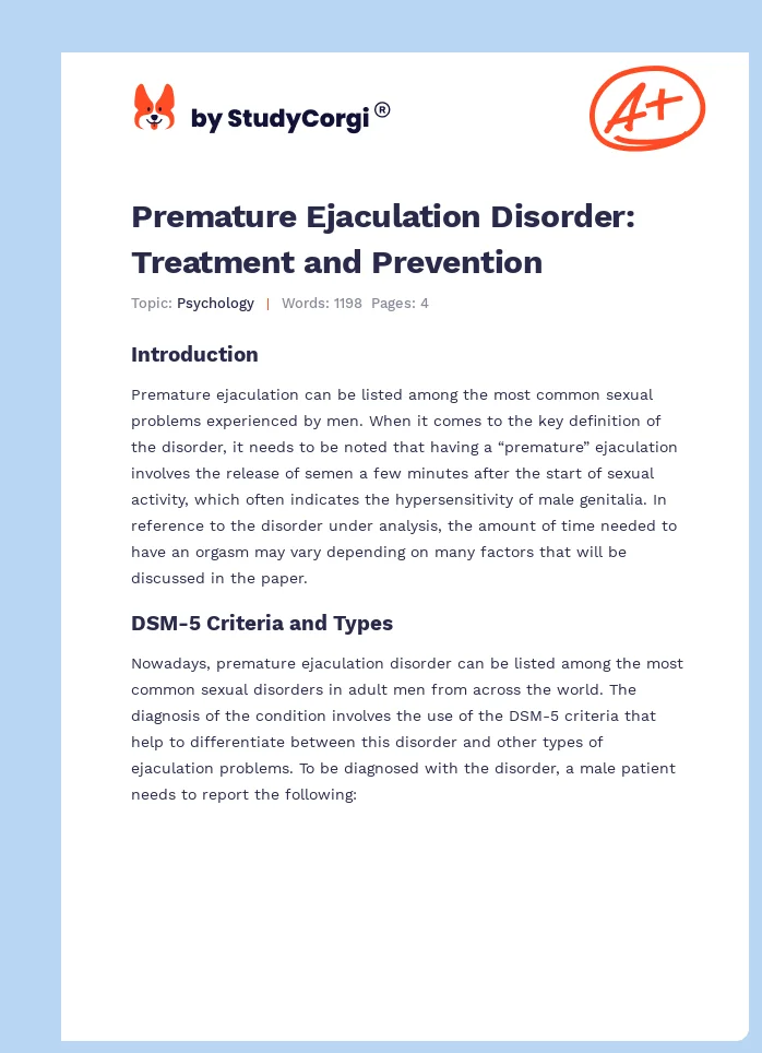 Premature Ejaculation Disorder: Treatment and Prevention. Page 1