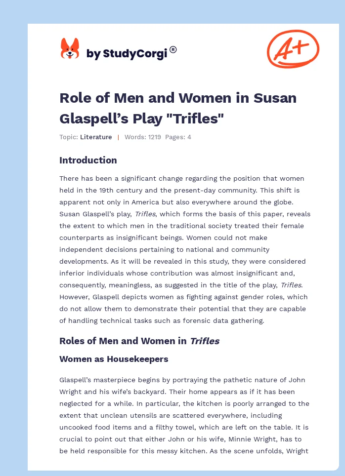 Role of Men and Women in Susan Glaspell’s Play "Trifles". Page 1