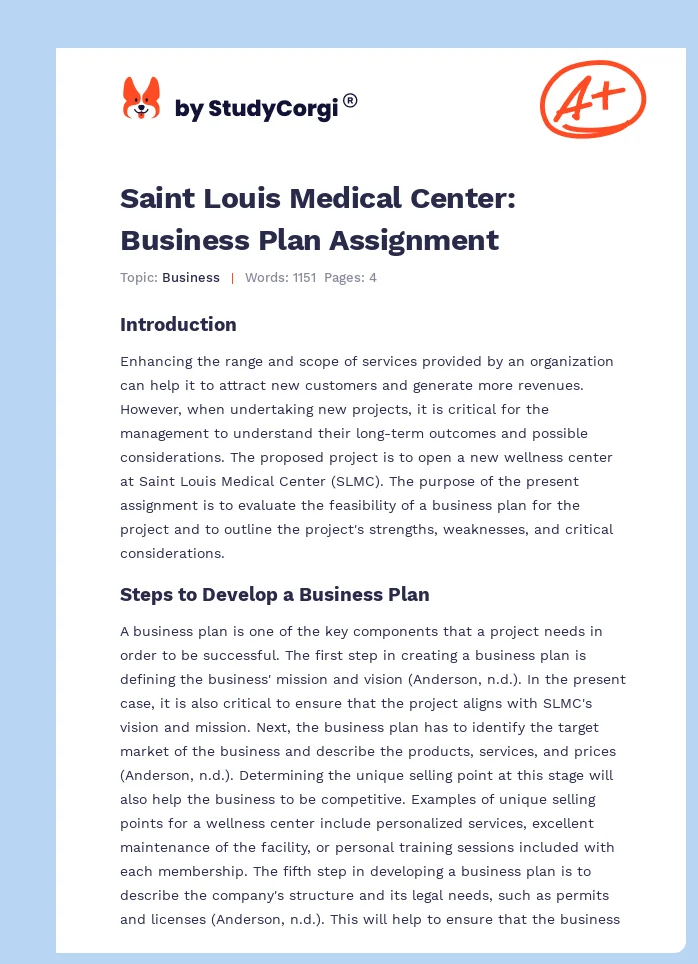 Saint Louis Medical Center: Business Plan Assignment. Page 1