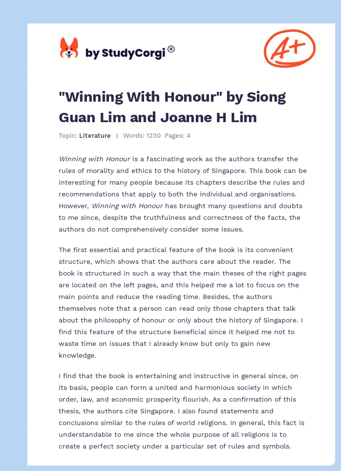 "Winning With Honour" by Siong Guan Lim and Joanne H Lim. Page 1