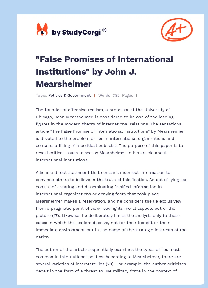 "False Promises of International Institutions" by John J. Mearsheimer. Page 1