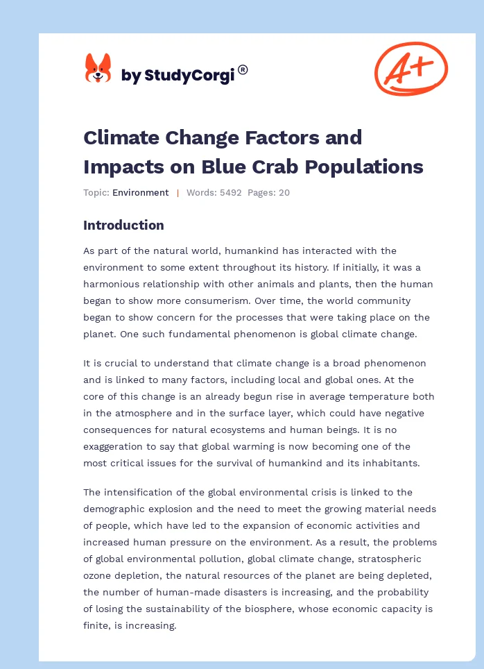 Climate Change Factors and Impacts on Blue Crab Populations. Page 1