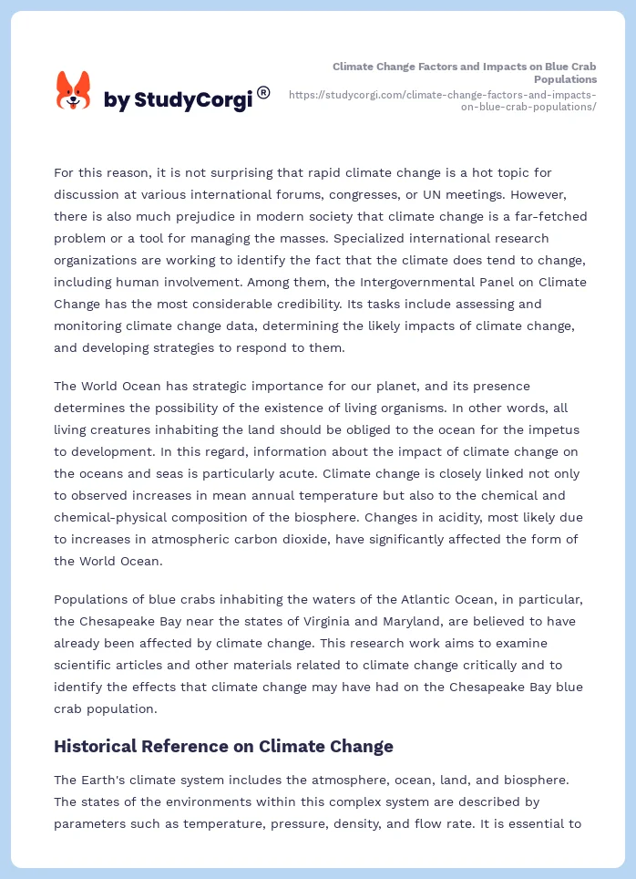 Climate Change Factors and Impacts on Blue Crab Populations. Page 2