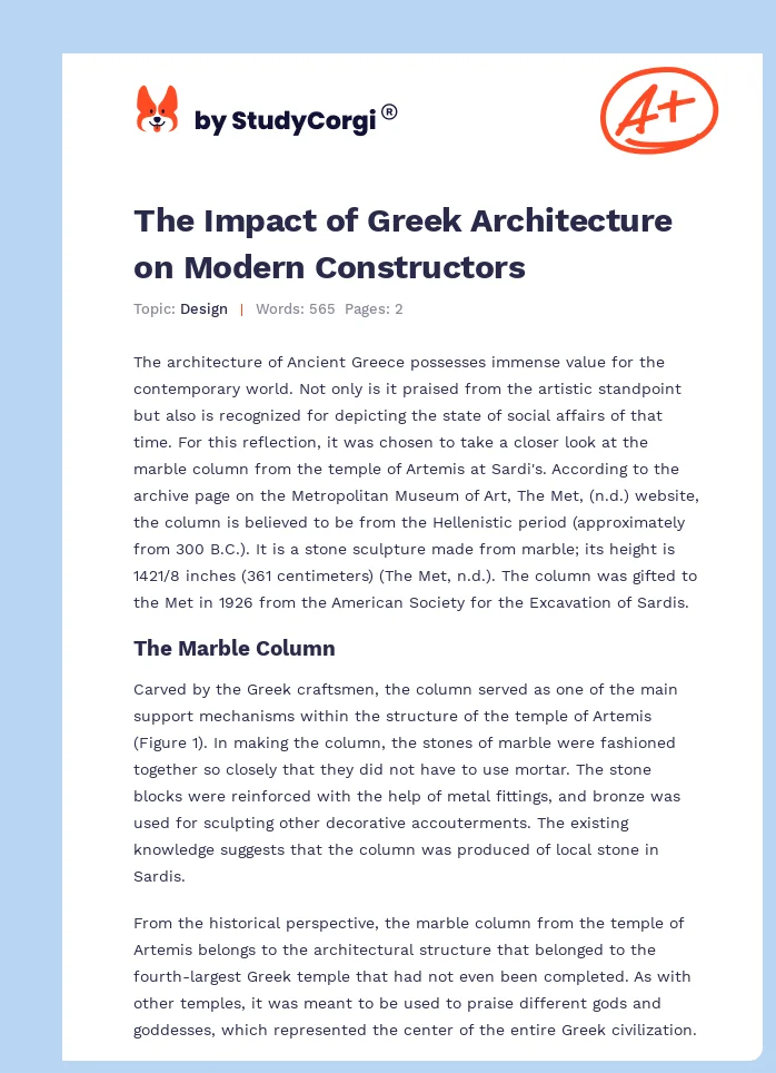 The Impact of Greek Architecture on Modern Constructors. Page 1