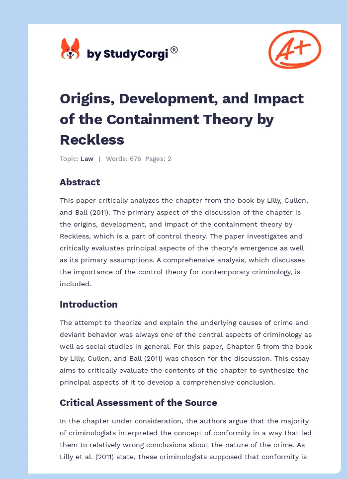Origins, Development, and Impact of the Containment Theory by Reckless. Page 1