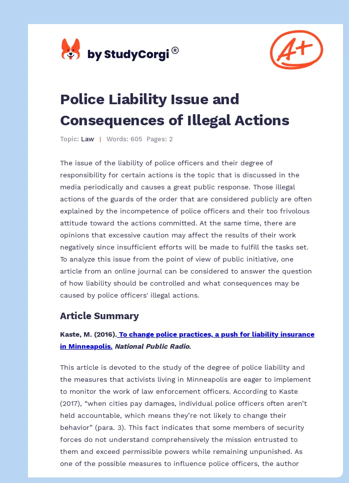Police Liability Issue and Consequences of Illegal Actions. Page 1