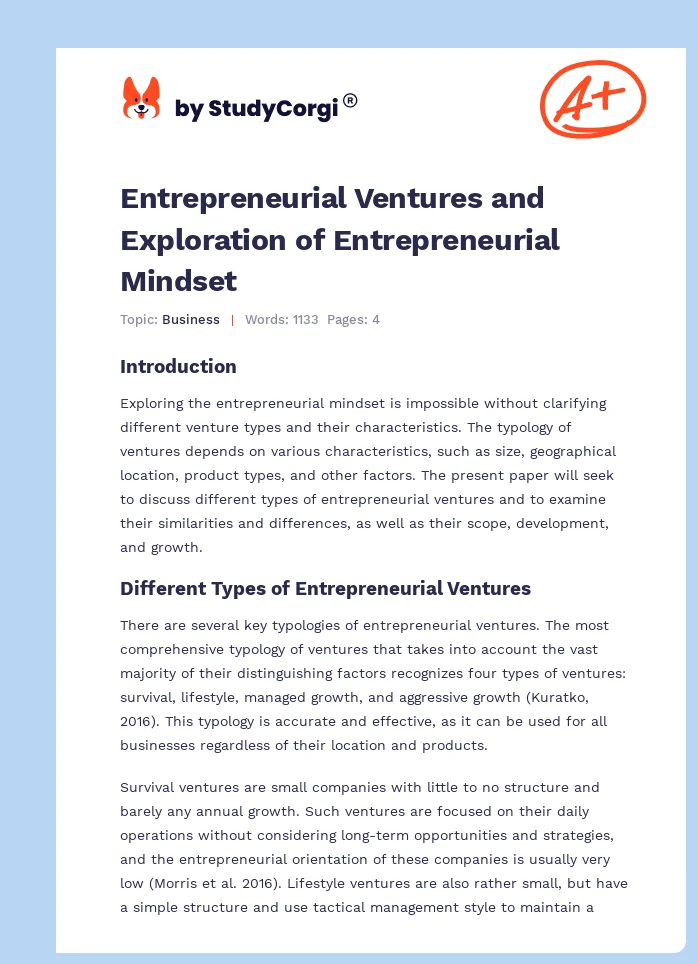 Entrepreneurial Ventures and Exploration of Entrepreneurial Mindset. Page 1