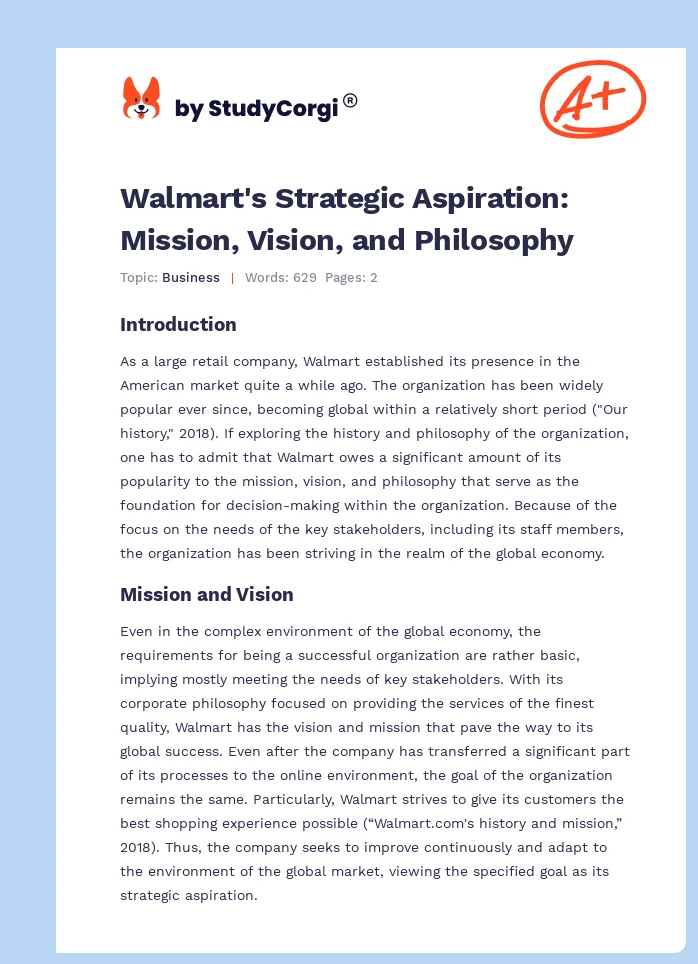 Walmart's Strategic Aspiration: Mission, Vision, and Philosophy. Page 1