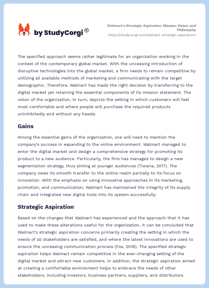 Walmart's Strategic Aspiration: Mission, Vision, and Philosophy. Page 2