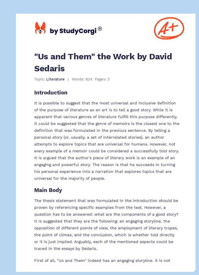 "Us and Them" the Work by David Sedaris. Page 1