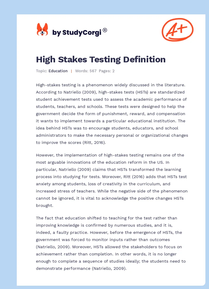 High Stakes Testing Definition. Page 1
