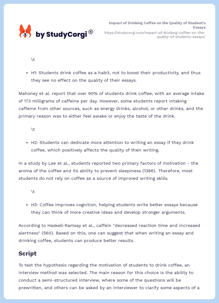 Impact of Drinking Coffee on the Quality of Student's Essays. Page 2
