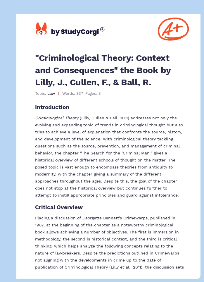 "Criminological Theory: Context and Consequences" the Book by Lilly, J., Cullen, F., & Ball, R.. Page 1