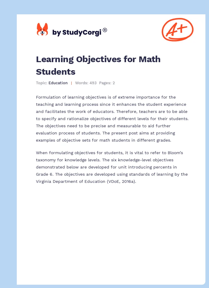 Learning Objectives for Math Students. Page 1