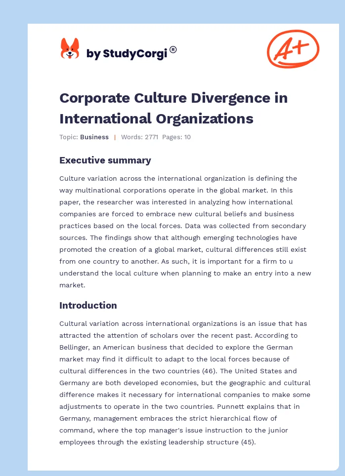 Corporate Culture Divergence in International Organizations. Page 1