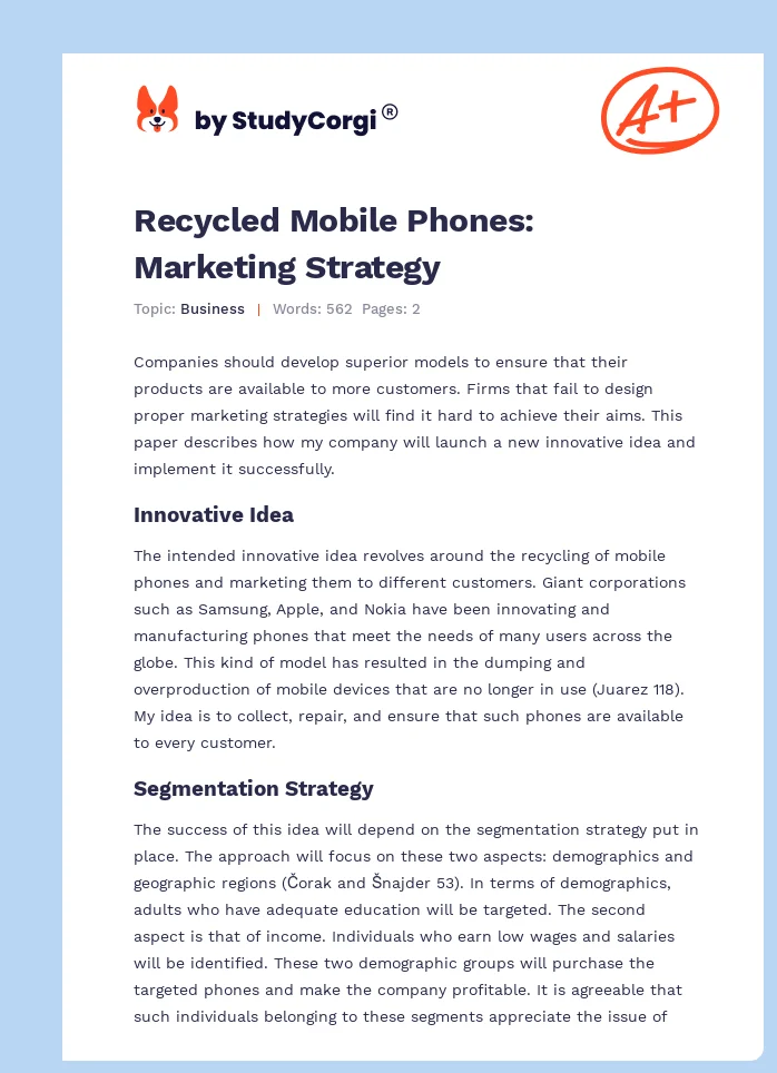 Recycled Mobile Phones: Marketing Strategy. Page 1