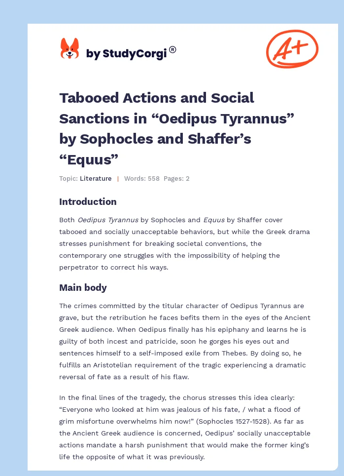 Tabooed Actions and Social Sanctions in “Oedipus Tyrannus” by Sophocles and Shaffer’s “Equus”. Page 1