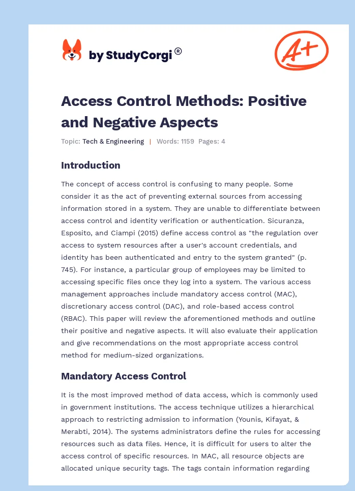 Access Control Methods: Positive and Negative Aspects. Page 1