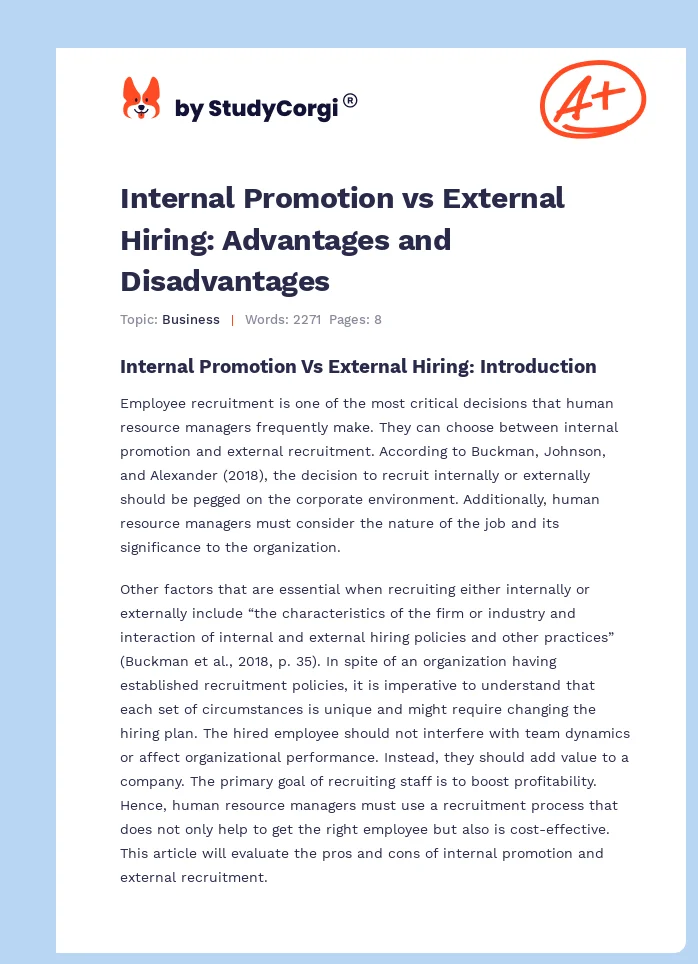 Internal Promotion vs External Hiring: Advantages and Disadvantages. Page 1