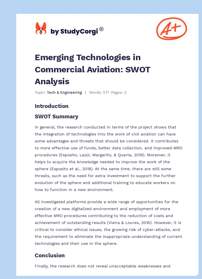 Emerging Technologies in Commercial Aviation: SWOT Analysis. Page 1