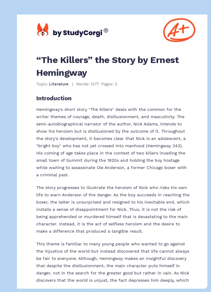 “The Killers” the Story by Ernest Hemingway. Page 1