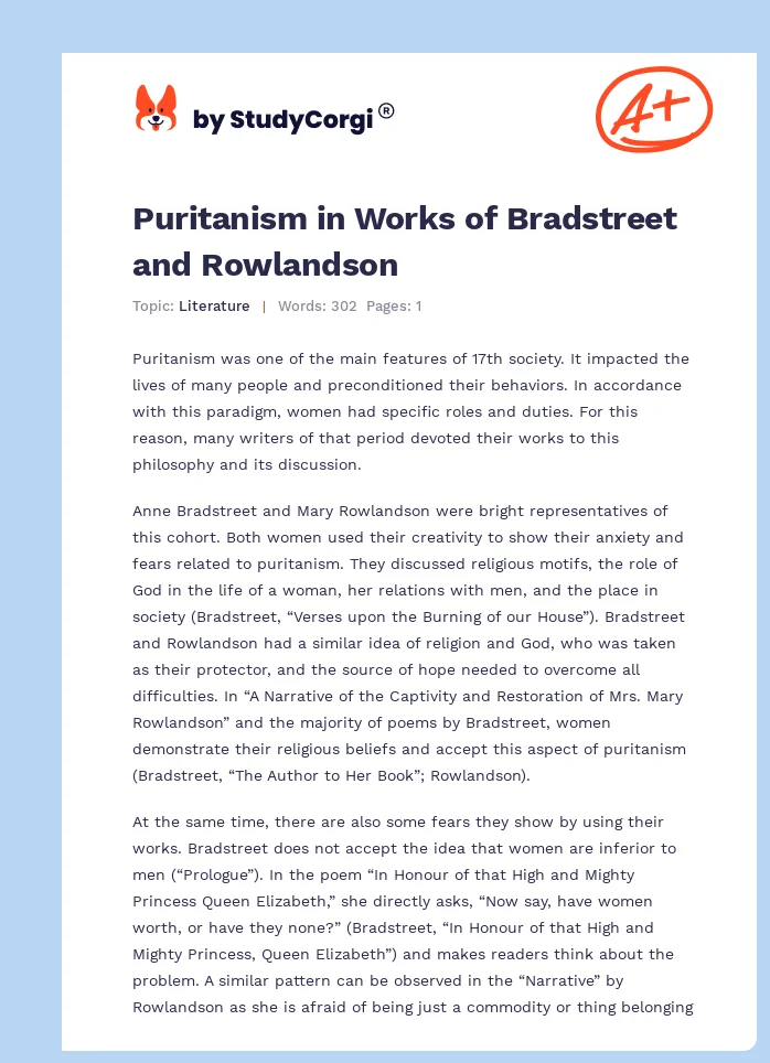 Puritanism in Works of Bradstreet and Rowlandson. Page 1