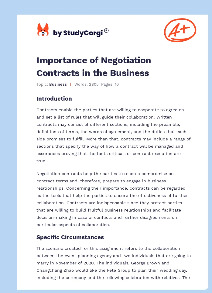 Importance of Negotiation Contracts in the Business. Page 1