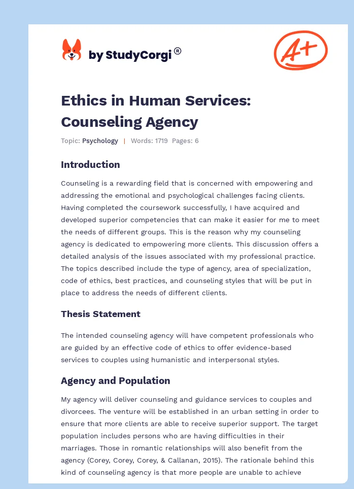 Ethics in Human Services: Counseling Agency. Page 1