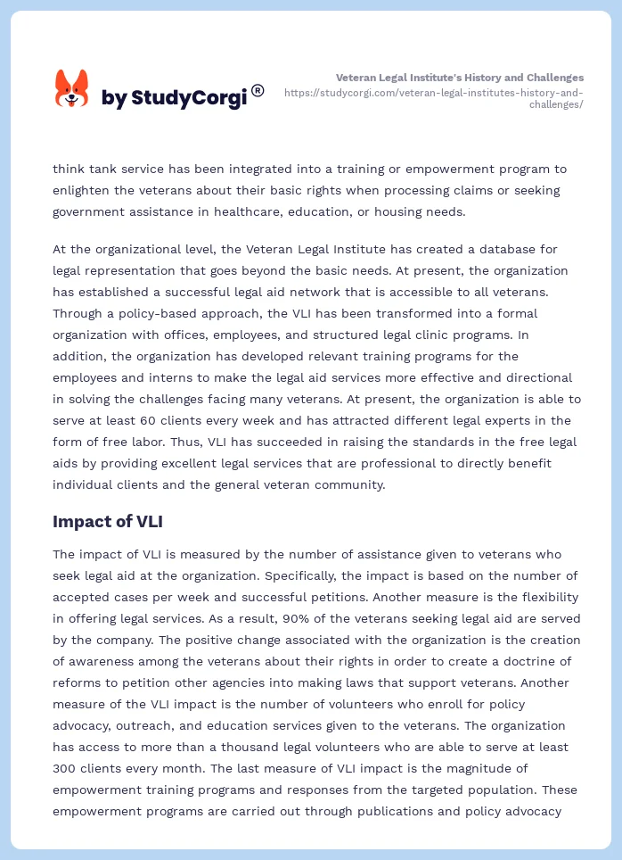 Veteran Legal Institute's History and Challenges. Page 2