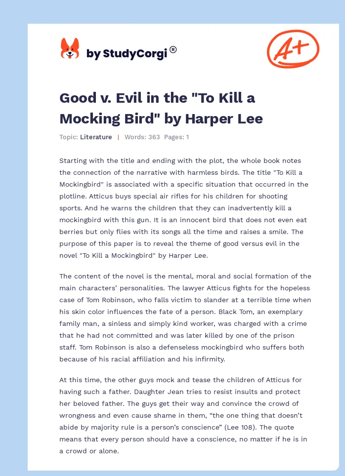 Good v. Evil in the "To Kill a Mocking Bird" by Harper Lee. Page 1