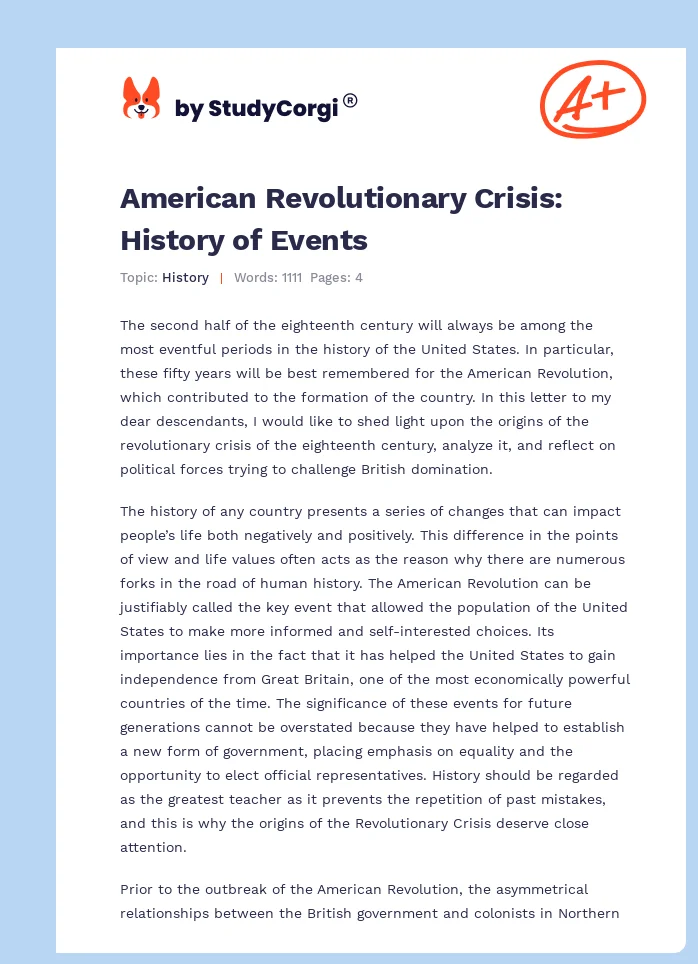 American Revolutionary Crisis: History of Events. Page 1