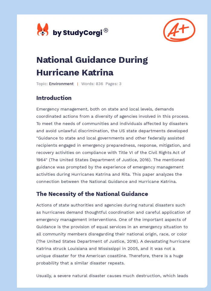 National Guidance During Hurricane Katrina. Page 1