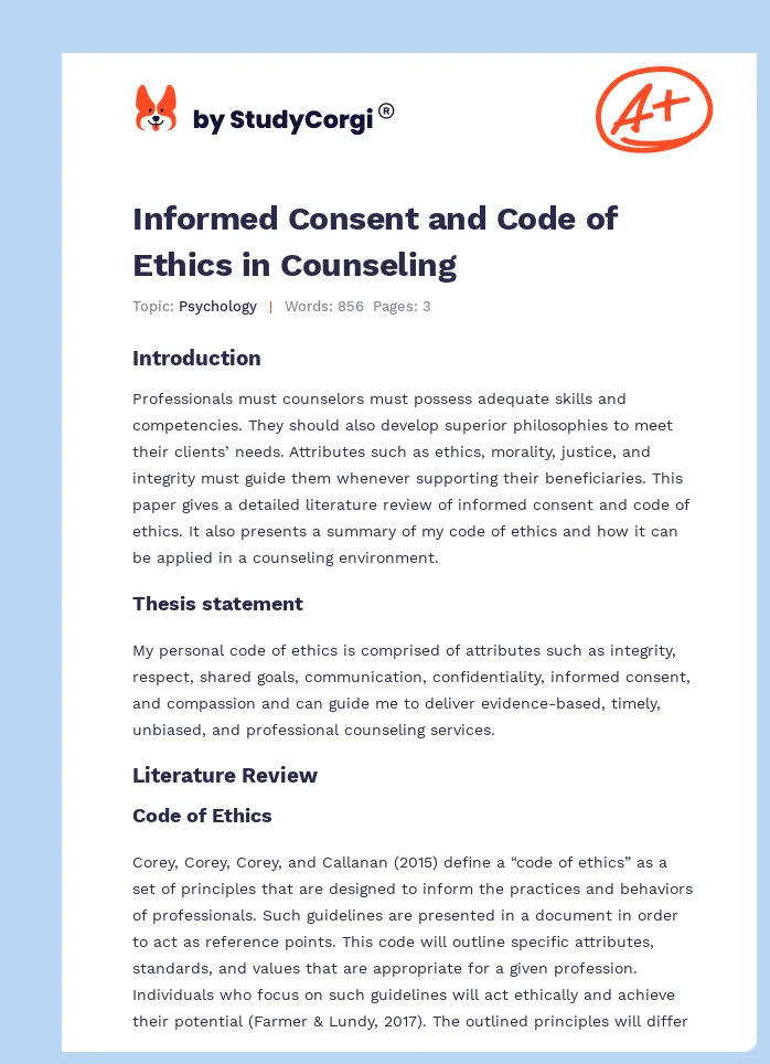 Informed Consent and Code of Ethics in Counseling. Page 1